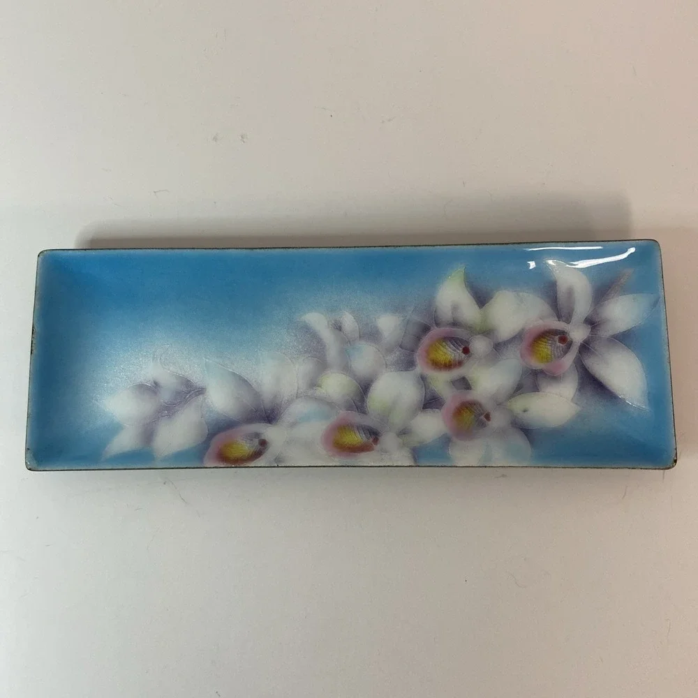 Vintage Japanese Tutanka Orchid Floral Enamel Cloisonne Trinket Tray 9.25x3.25